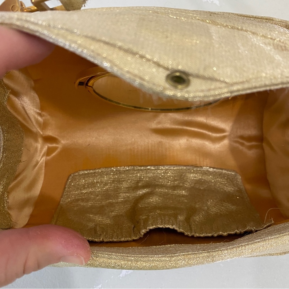 VINTAGE 1960s Lou Taylor gold ruched mini small cocktail bag w/ built in MIRROR - Picture 12 of 15